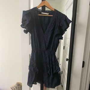 NAVY LACE EYELET TIERED DRESS